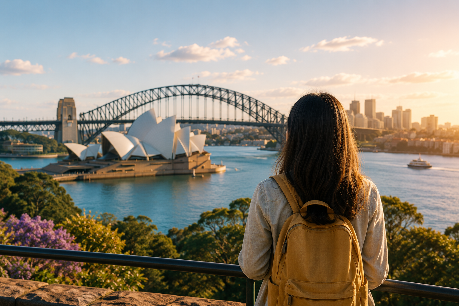 Graduate student in front of Sydney Harbour